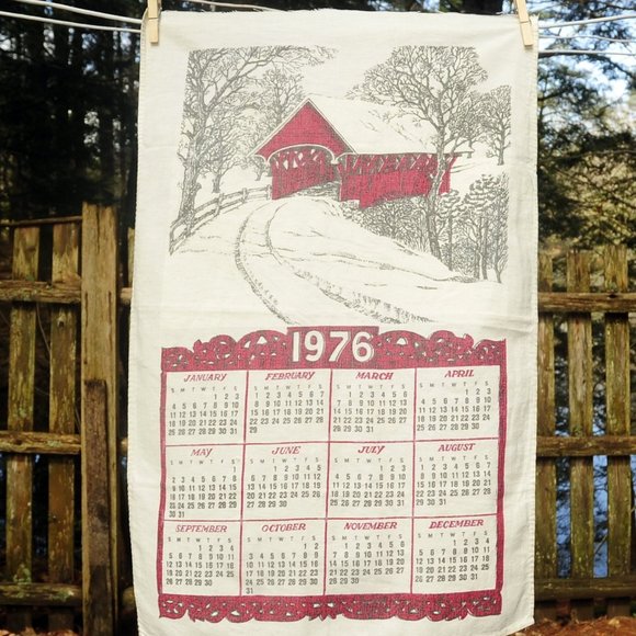 Vintage 1976 Red Covered Bridge in Snow Calendar Towel Birthday Anniversary Gift - Picture 7 of 7